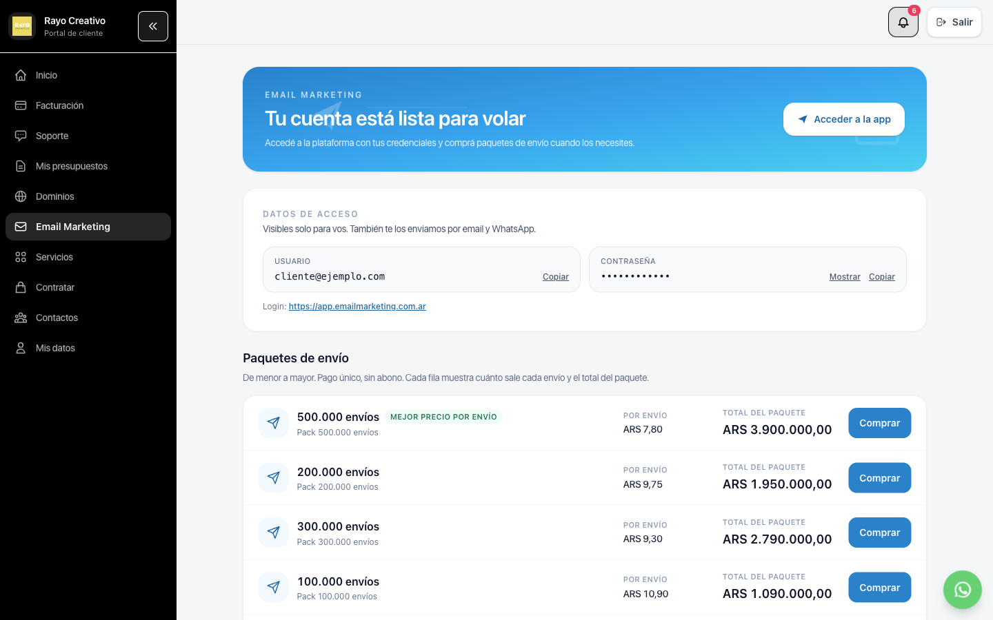 En la computadora: botón Acceder a la app y datos de acceso en el portal de cliente