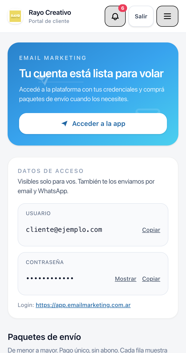 En el celular: botón Acceder a la app, usuario y contraseña oculta